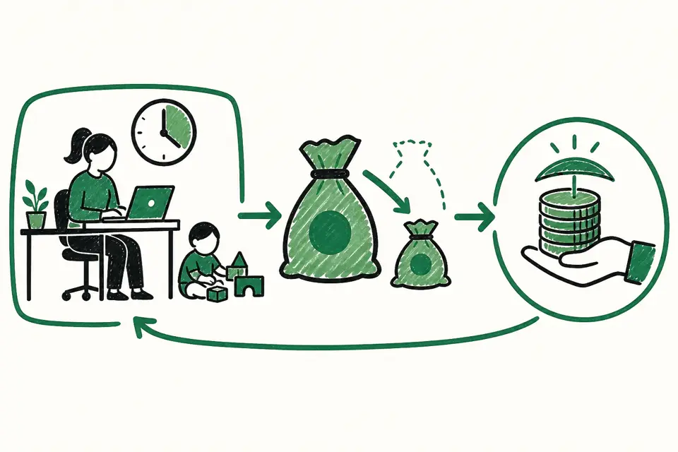 育児のために時短で働くと賃金が下がることと、雇用保険法61条の12に基づき賃金の10%を上限に給付が一部を補填する仕組みを、縮む給与袋と下向き矢印、手渡しされる小さなコインで因果関係として表したイメージ図です