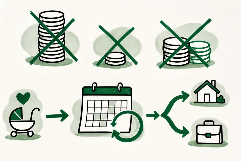 給付が支給されない三つのケース(賃金が高すぎる、賃金が小さすぎる、別の給付との重複不可)をそれぞれの硬貨の山と×印で示し、月ごとに見る給付であることを示すカレンダー矢印、育休給付から続けて取れることを示す矢印、年次の見直しや辞めるかどうかを考える分岐を含めて整理したイメージ図です
