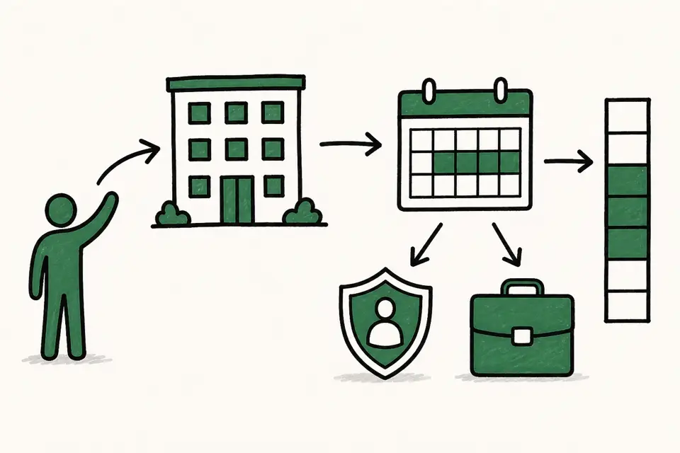 介護休業が申し出で取得できること、利用回数や通算日数の上限、給付の仕組みを矢印やカレンダー、給付を示す盾と失業を示すスーツケースで表したイメージ図です