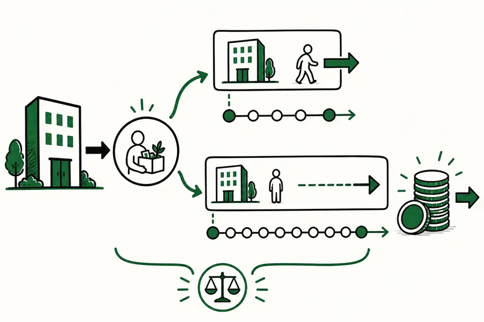 解雇時の選択を視覚化した図。予告期間（30日前）と即日退職時に請求できる30日分相当の平均賃金を、職場を出る矢印とタイムライン、コインの山で対比して示したイメージ図です
