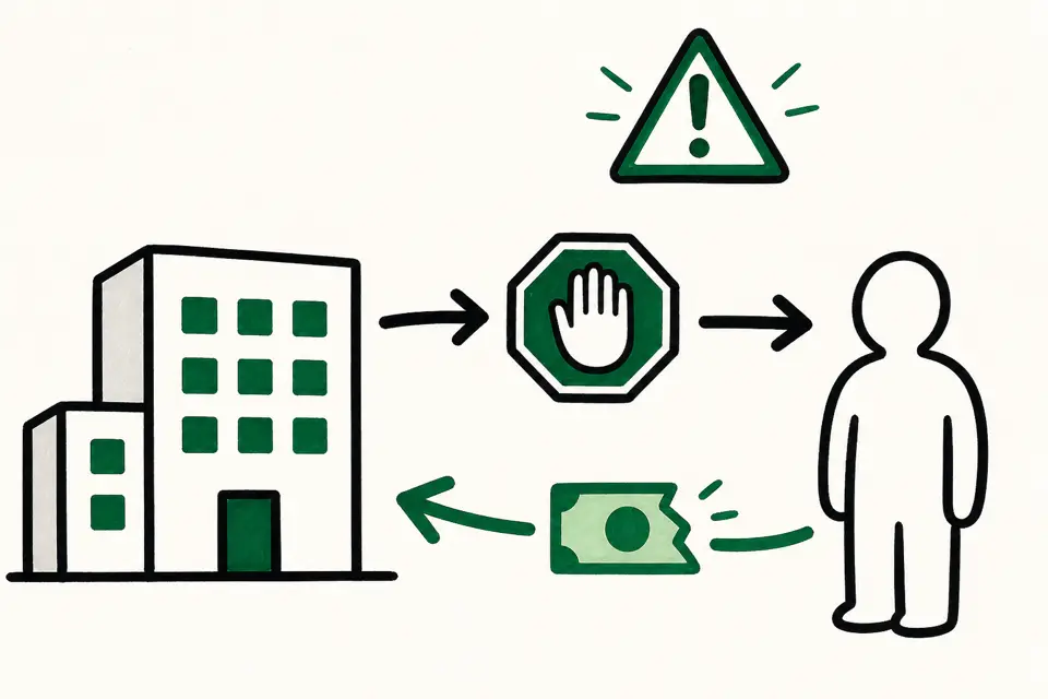 会社の都合で休業させられた際に、使用者が賃金の一部を支払う義務があることを、会社のブロックと人型、支払いを示す矢印や警告アイコンで表したイメージ図です