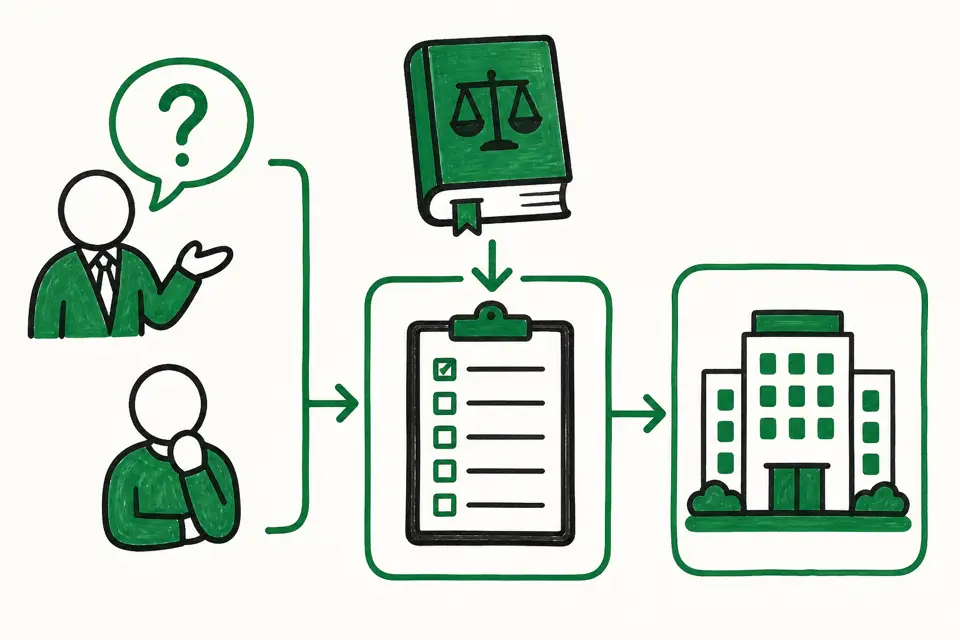 若者雇用促進法や労働条件の明示義務に基づき、答える義務のある項目から逆質問を選ぶ流れを、人物のシルエット、法令を示す本、チェックリストや企業建物の図を矢印や囲みでつないで表したイメージ図です