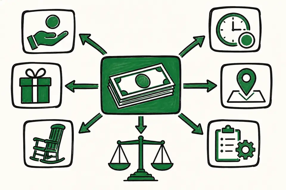 提示された年収の構成要素を中央の提示年収から矢印で基本給・賞与・退職手当・残業代・勤務地・業務範囲などのアイコンにつなぎ、秤で法的な明示義務を表した図のイメージ図です