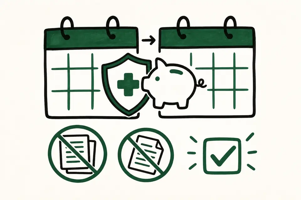 退職日の翌日に入社すると健康保険と年金の切り替え手続きが不要になることを、隣接するカレンダーと短い矢印で即時のつながりを示し、重なる盾と貯金箱のアイコンで保険と年金が途切れず継続する様子、チェックマークと取り消し印で事務手続きが消えることを表したイメージ図です