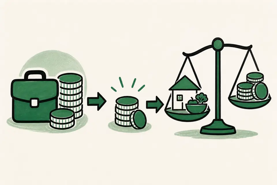 受給しながら働くと給付額が減ることを、仕事を示す鞄アイコンと矢印で減るコインの山にして示し、住宅や食費アイコンと給付コインを天秤で比べて生活費との関係を表したイメージ図です