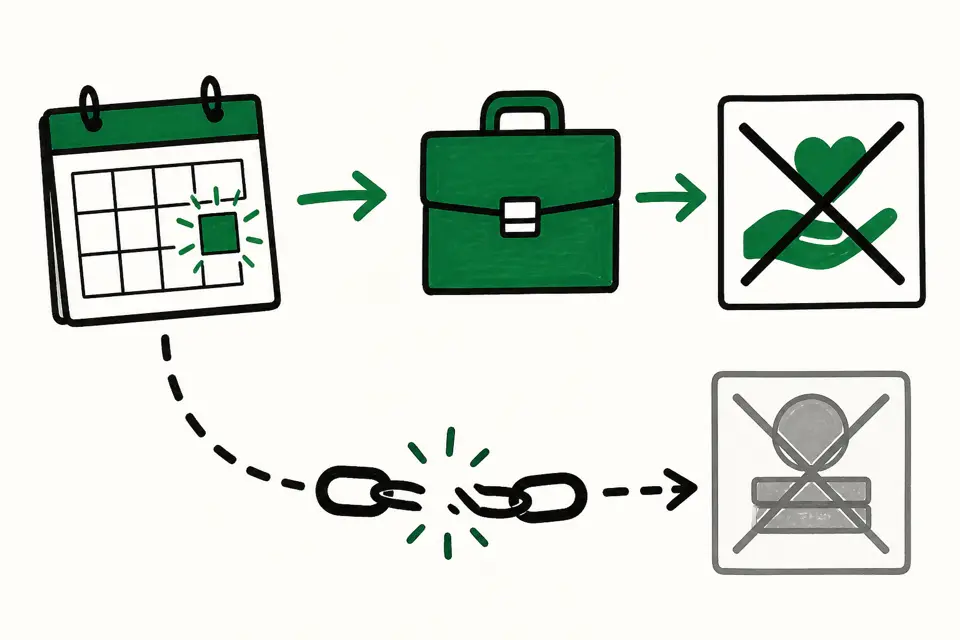 退職日に出勤すると支給が受けられなくなる理由を示す図。特定の日（カレンダー）から矢印で仕事を示すビジネスバッグに結ばれ、さらに支給を表す箱がバツで消えている表現と、日と給付の間が切れた鎖で示されている構成で、退職日に働くことで給付が途切れることを表したイメージ図です