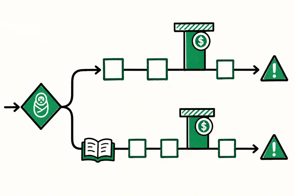 産後休業の有無で数える期間が短い・長い二つの流れに分かれること、給付が本給に上乗せされ増額だが上限があること、取得の取り方次第で給付が認められない経路があること、復帰しない場合は先に読むべき箇所が変わることをアイコンで整理したイメージ図です